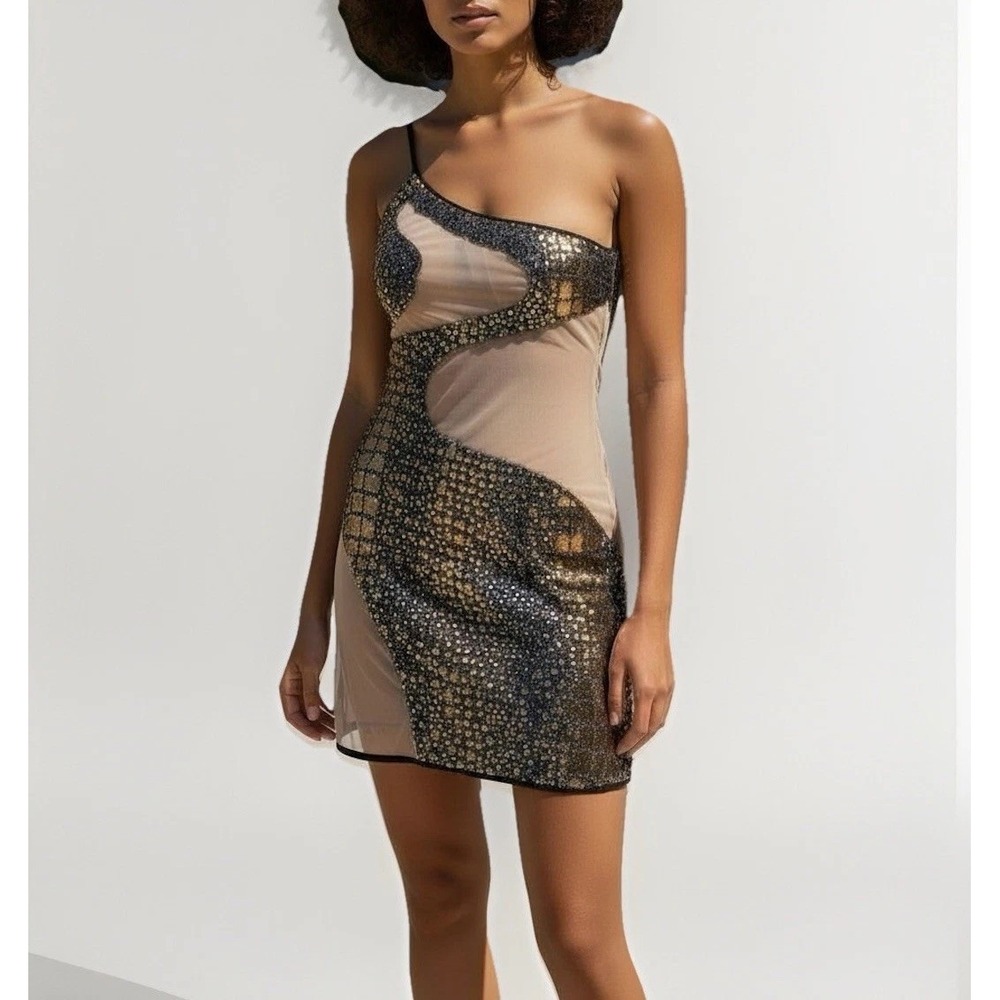 Kimcine Curve Sexy See-Through Sz M Sequined Black‎ Gold Bodycon Dress-Wore Once
